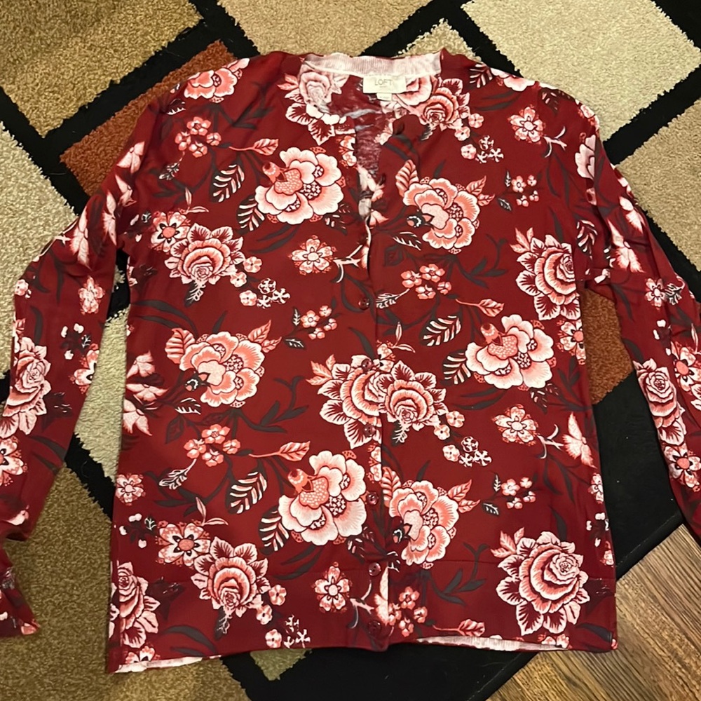 Loft Womens Red Floral Cardigan Sweater Sz Med EUC